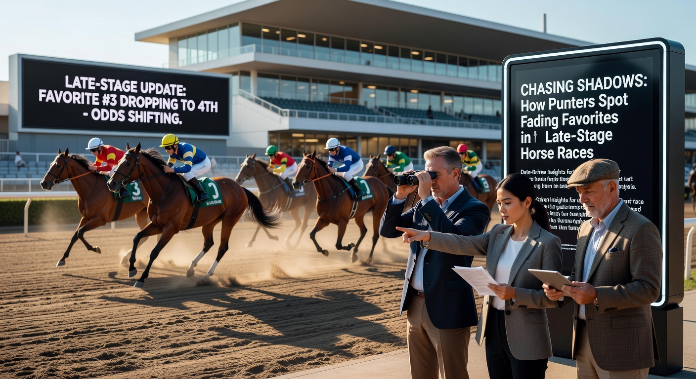 Close-up of a jockey urging a tiring favorite in the stretch while outsiders begin their charge, highlighting drift and exhaustion