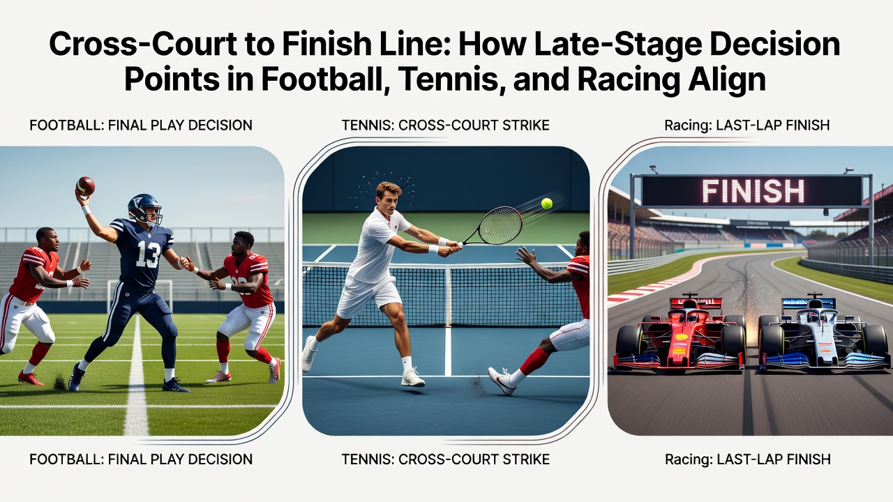 Close-up of photo-finish camera and tennis tiebreak scoreboard alongside football injury-time clock