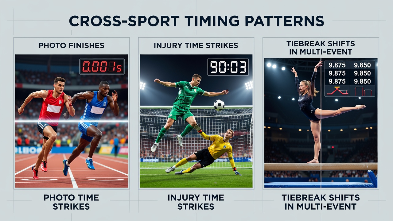 Illustration of overlapping timing windows in football injury time, tennis tiebreaks, and horse racing photo finishes for accumulator bets