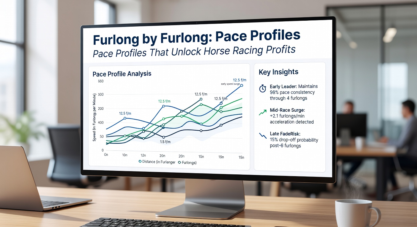 Close-up of a horse surging through the final furlongs, with overlaid pace figures showing sectional splits and profile advantages