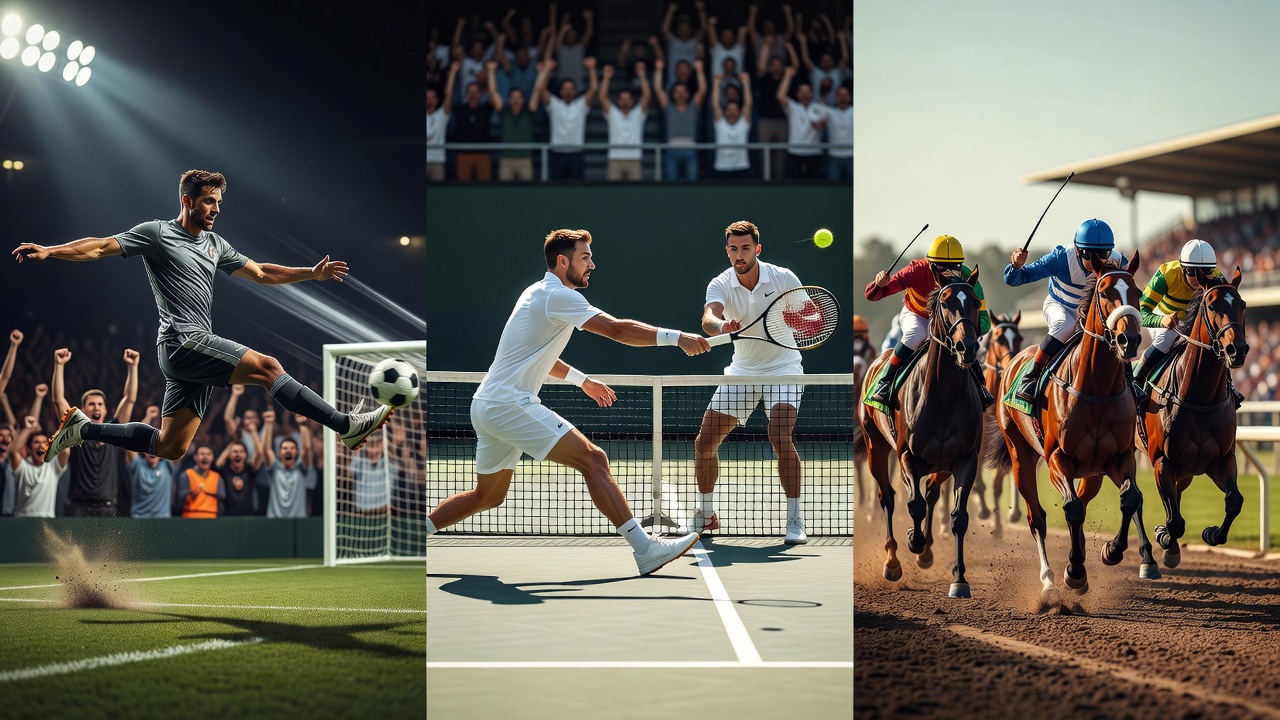 Tennis player serving in a final set tiebreak alongside a photo finish of thoroughbred horses crossing the line together