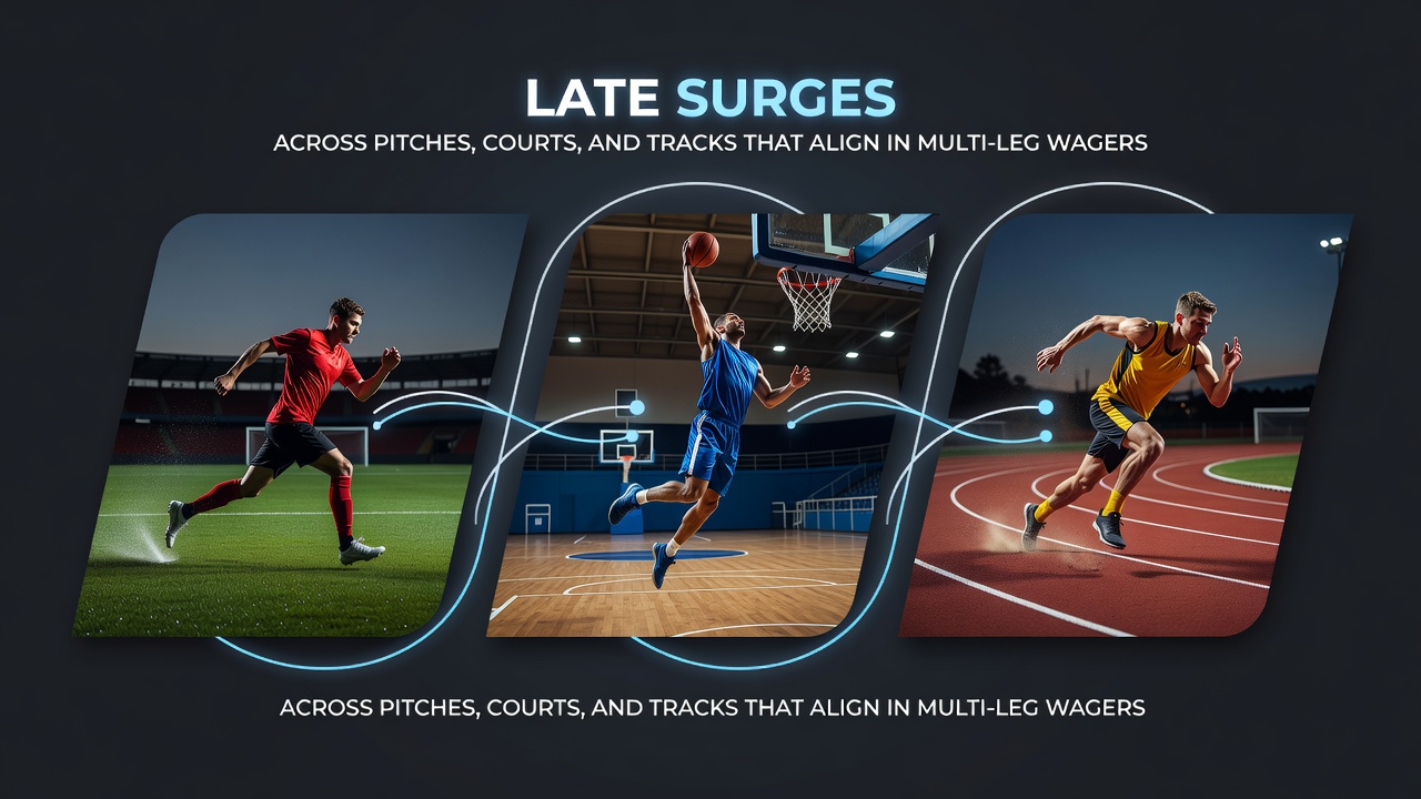 Composite view of a football pitch, tennis court and race track showing simultaneous late action moments