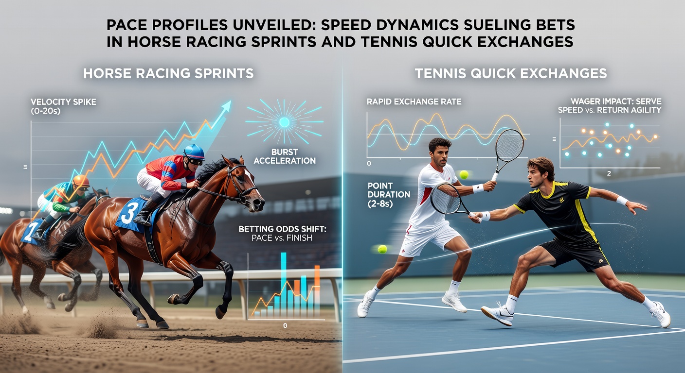 Dynamic split image of a tennis rally ending in a quick point and a horse charging in a sprint race