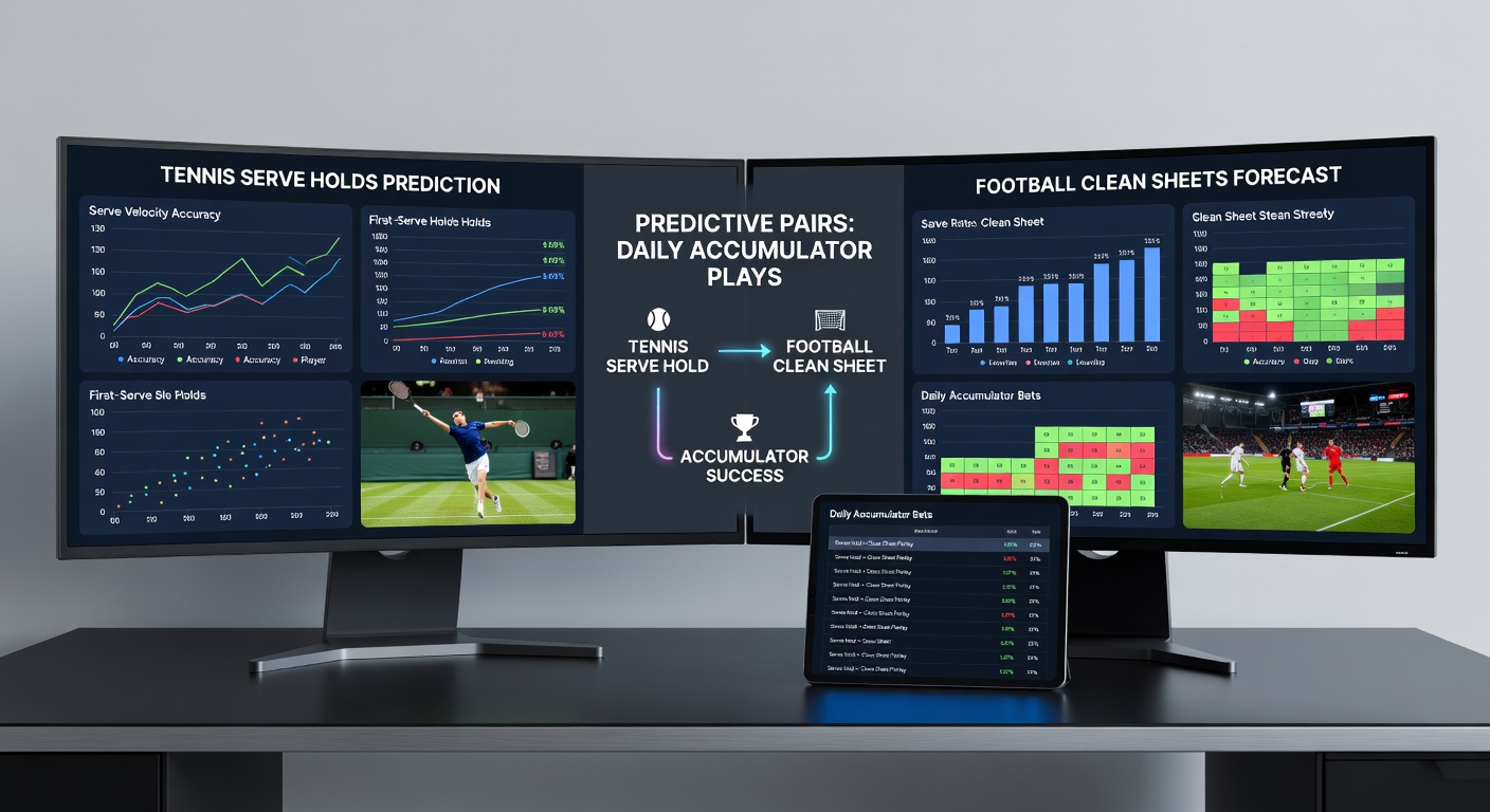 Data visualization chart showing correlation between tennis serve hold percentages and football clean sheet frequencies over a season, with overlaid accumulator payout examples
