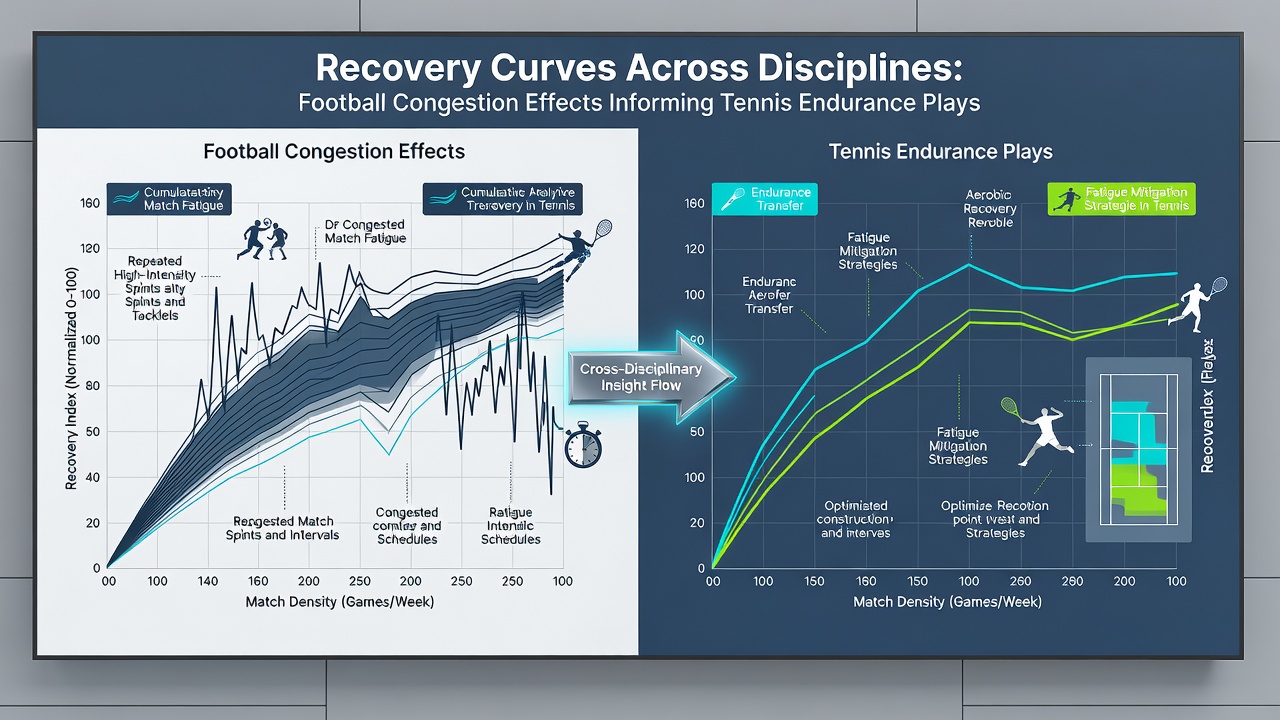 Tennis player during extended match with overlaid endurance metrics beside horse racing distance chart