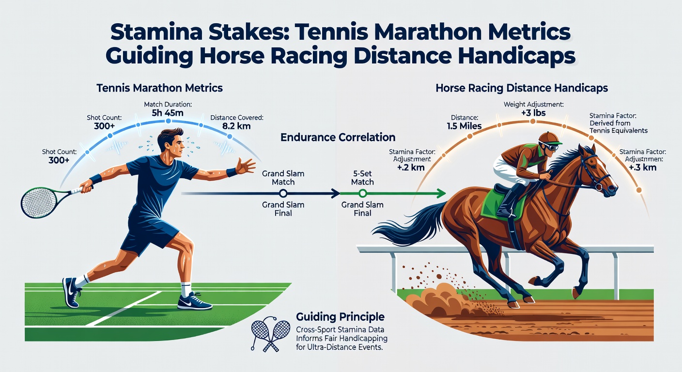 Side-by-side charts of a five-set tennis epic and a grueling 2-mile horse race, highlighting stamina peaks and troughs