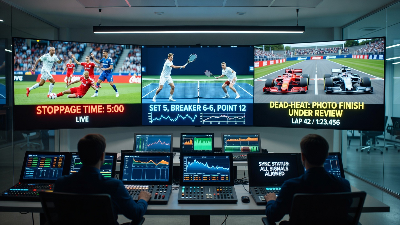Multi-sport betting dashboard displaying live synchronization of football stoppages, tennis tiebreaks, and racing photo finishes